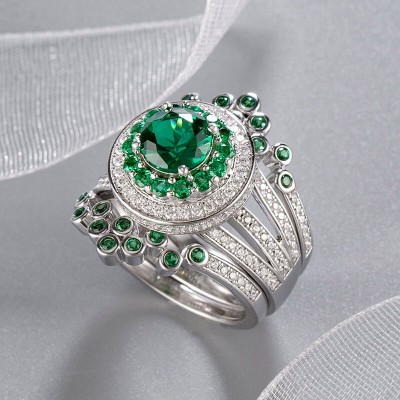 Art Deco Round Cut Emerald Coral Cluster 925 Sterling Silver Halo 3-Piece Ring Sets