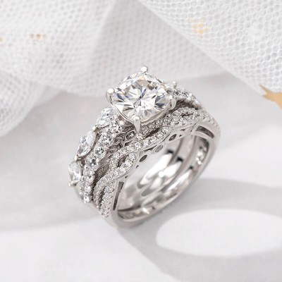 Cushion Cut White Sapphire Sterling Silver 3-Piece Stackable Wedding Ring Sets