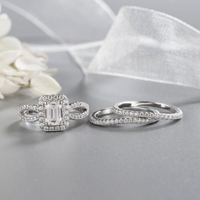 Emerald Cut White Sapphire 925 Sterling Silver 3-Piece Halo Bridal Sets
