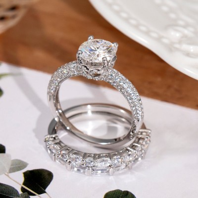 Round Cut White Sapphire Sterling Silver Stacking 3 Pieces Wedding Ring Sets