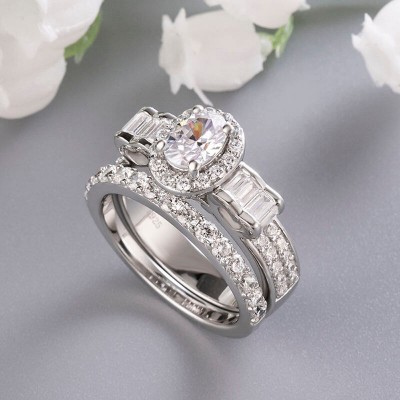 Vintage Oval Cut White Sapphire Sterling Silver Halo Bridal Sets