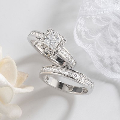 Princess Cut White Sapphire 925 Sterling Silver Halo Bridal Sets