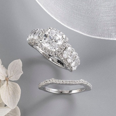 Cushion Cut White Sapphire Sterling Silver 2 Piece Halo Bridal Sets