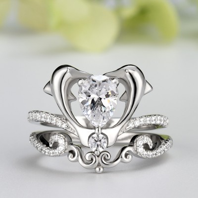 Pear Cut White Sapphire Dolphin Wave Playing Sterling Silver Ring Sets