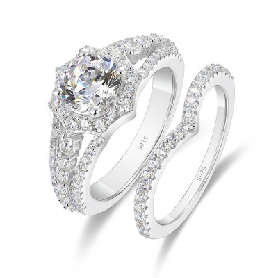 Round Cut White Sapphire Sterling Silver Halo Bridal Sets