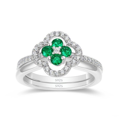 Round Cut Emerald 925 Sterling Silver Clover Insert Bridal Sets