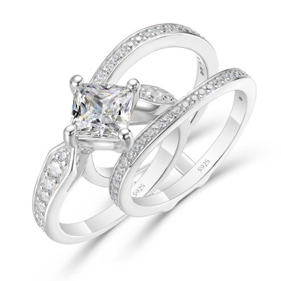 Princess Cut White Sapphire Insert  Jacket Sterling Silver Bridal Sets