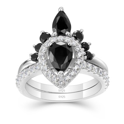 Pear Cut Black Sapphire 925 Sterling Silver Crown Bridal Sets