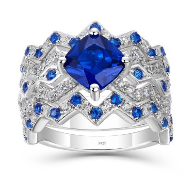 Vintage Cushion Cut Blue Sapphire Sterling Silver 3-Piece Bridal Sets