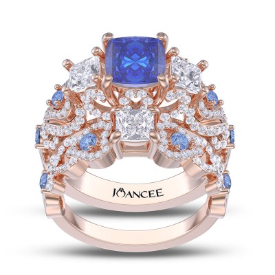 Rose Gold Art Deco Cushion Cut Blue Sapphire 925 Sterling Silver Bridal Sets