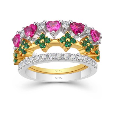  Pink Sapphire and Emerald Sterling Silver 3-Piece Stackable Bands Set
