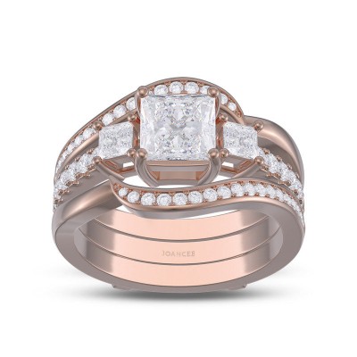 Rose Gold Princess Cut White Sapphire 925 Sterling Silver Insert 3-Stone Bridal Sets