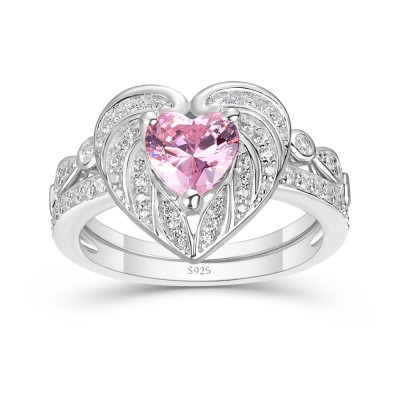Heart Cut Pink Sapphire 925 Sterling Silver Angel Wings Bridal Sets