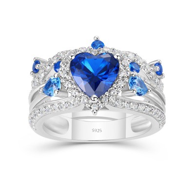 Heart Cut Blue Sapphire 925 Sterling Silver Halo Bridal Sets