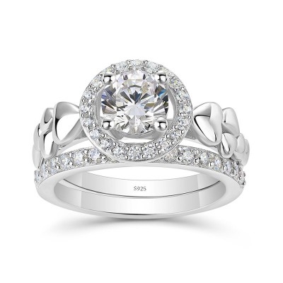 Round Cut White Sapphire 925 Sterling Silver Heart Halo Bridal Sets