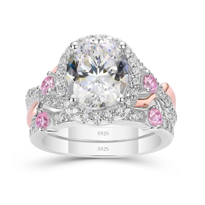Oval Cut White Sapphire 925 Sterling Silver Two Tone Halo Bridal Sets