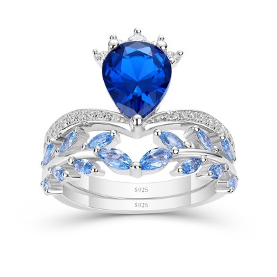 Pear Cut Blue Sapphire 925 Sterling Silver Leaf Bridal Sets