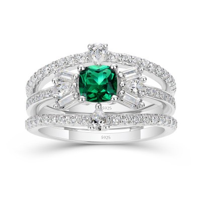 Cushion Cut Emerald 925 Sterling Silver Insert Bridal Sets