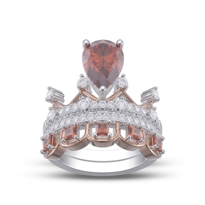 Pear Cut Garnet 925 Sterling Silver Two Tone Crown Bridal Sets