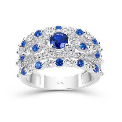 Round Cut Blue Sapphire 925 Sterling Silver Halo Engagement Ring