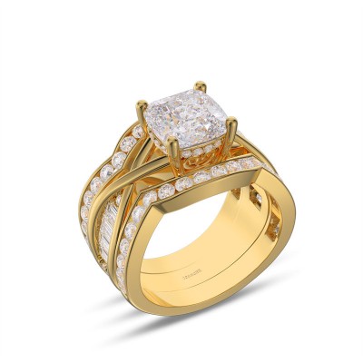 Yellow Gold Cushion Cut White Sapphire Sterling Silver Twisted Insert Bridal Sets
