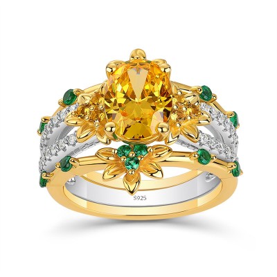 Two Tone Oval Cut Yellow Topaz 925 Sterling Silver 3-Piece Flower Bridal Sets