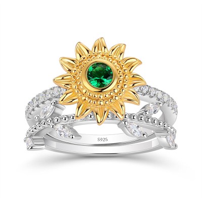 Round Cut Emerald 925 Sterling Silver Two Tone Sunflower Bridal Sets