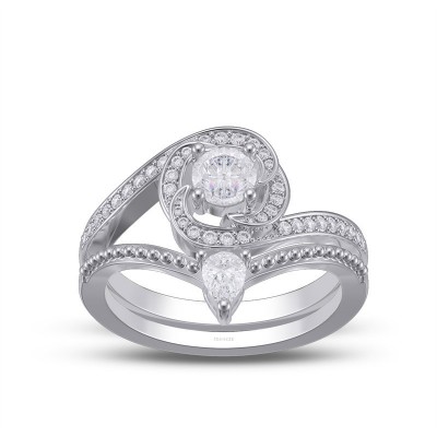 Round Cut White Sapphire 925 Sterling Silver Curved Bridal Sets