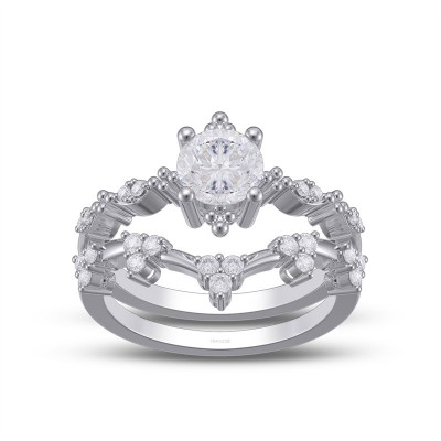 Round Cut White Sapphire 925 Sterling Silver Curved Bridal Sets