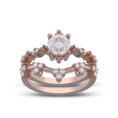 Rose Gold Round Cut White Sapphire 925 Sterling Silver Curved Bridal Sets