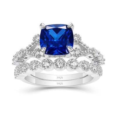 Cushion Cut Blue Sapphire 925 Sterling Silver Bridal Sets