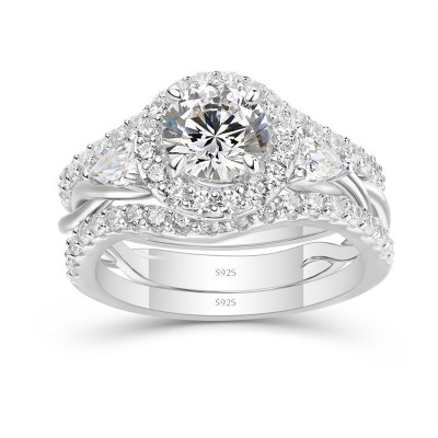 Round Cut White Sapphire 925 Sterling Silver Twisted Halo 3-Piece Bridal Sets
