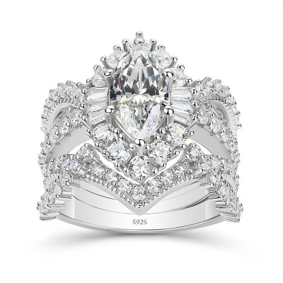 Marquise Cut White Sapphire 925 Sterling Silver Halo 3-Piece Bridal Sets