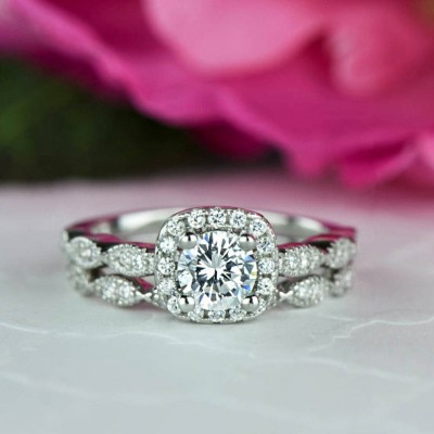 Round Cut White Sapphire 925 Sterling Silver Halo Bridal Sets