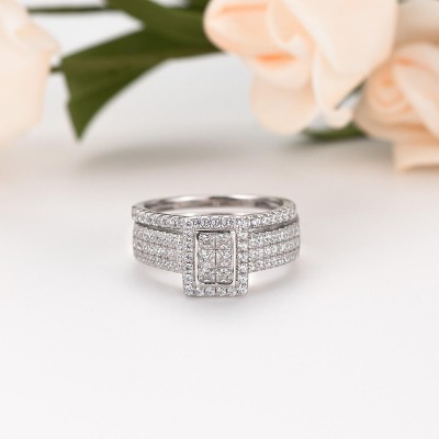 Princess Cut White Sapphire 925 Sterling Silver 2 Pieces Halo Bridal Sets