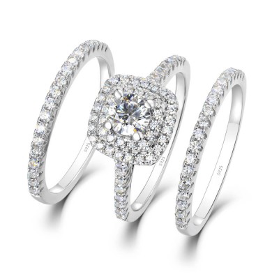 Round Cut White Sapphire 3 Piece 925 Sterling Silver Halo Bridal Ring Sets