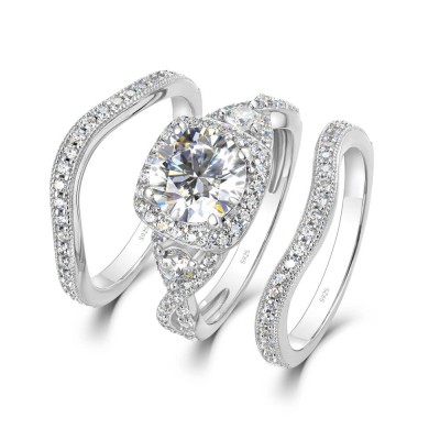 Round Cut White Sapphire Sterling Silver Twisted Halo 3-Piece Bridal Sets