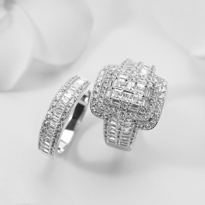 Princess Cut White Sapphire 925 Sterling Silver 2 Pieces Halo Bridal Sets