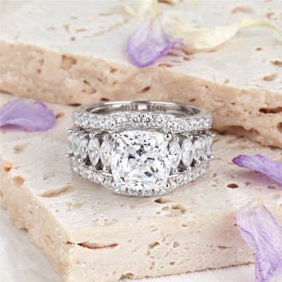 Cushion Cut White Sapphire 925 Sterling Silver 3-Piece Bridal Sets