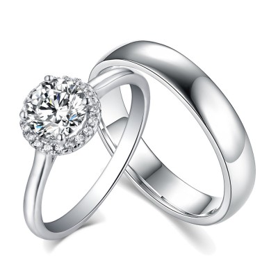 Round Cut White Sapphire 925 Sterling Silver Halo Couple Rings