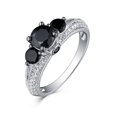 Round Cut S925 Silver Black Sapphire 3-Stone Engagement Rings