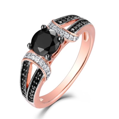 Round Cut Black & White Sapphire Rose Gold S925 Engagement Rings