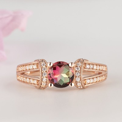 Elegant Rose Gold Round Cut Watermelon 925 Sterling Silver Engagement Ring