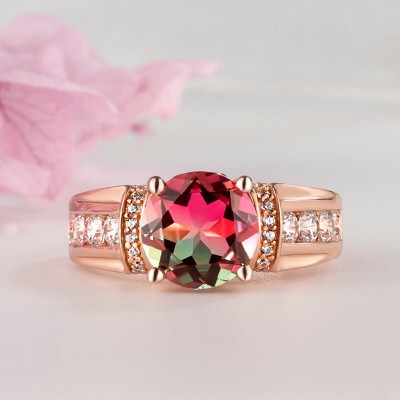 Rose Gold Round Cut Watermelon 925 Sterling Silver Engagement Ring