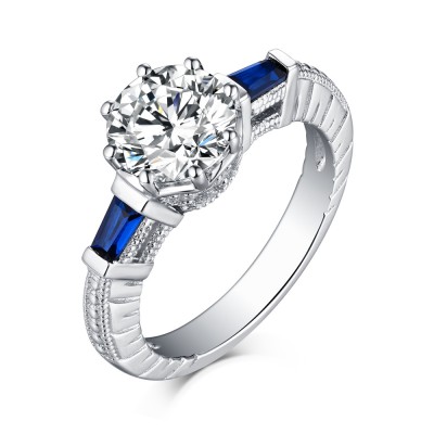 Round Cut S925 Silver Sapphire & White Sapphire Engagement Rings