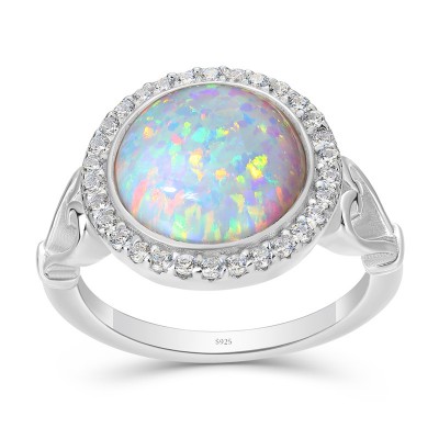 Vintage Round Cut Opal Sterling Silver Halo Engagement Ring