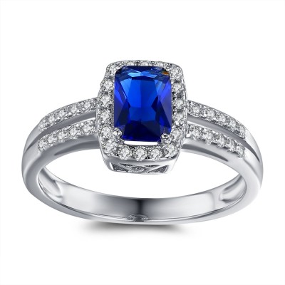 Cushion Cut Blue and White Sapphire Sterling Silver Engagement Ring