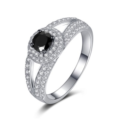 Round Cut Black Sapphire Sterling Silver Women's Engagement Ring