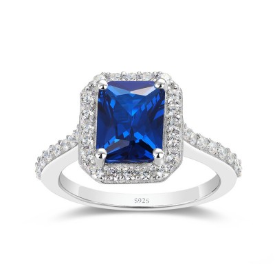 Radiant Cut Blue Sapphire 925 Sterling Silver Halo Engagement Ring
