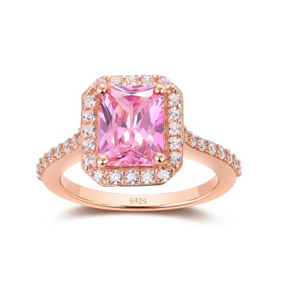 Rose Gold Radiant Cut Pink Sapphire 925 Sterling Silver Halo Engagement Ring